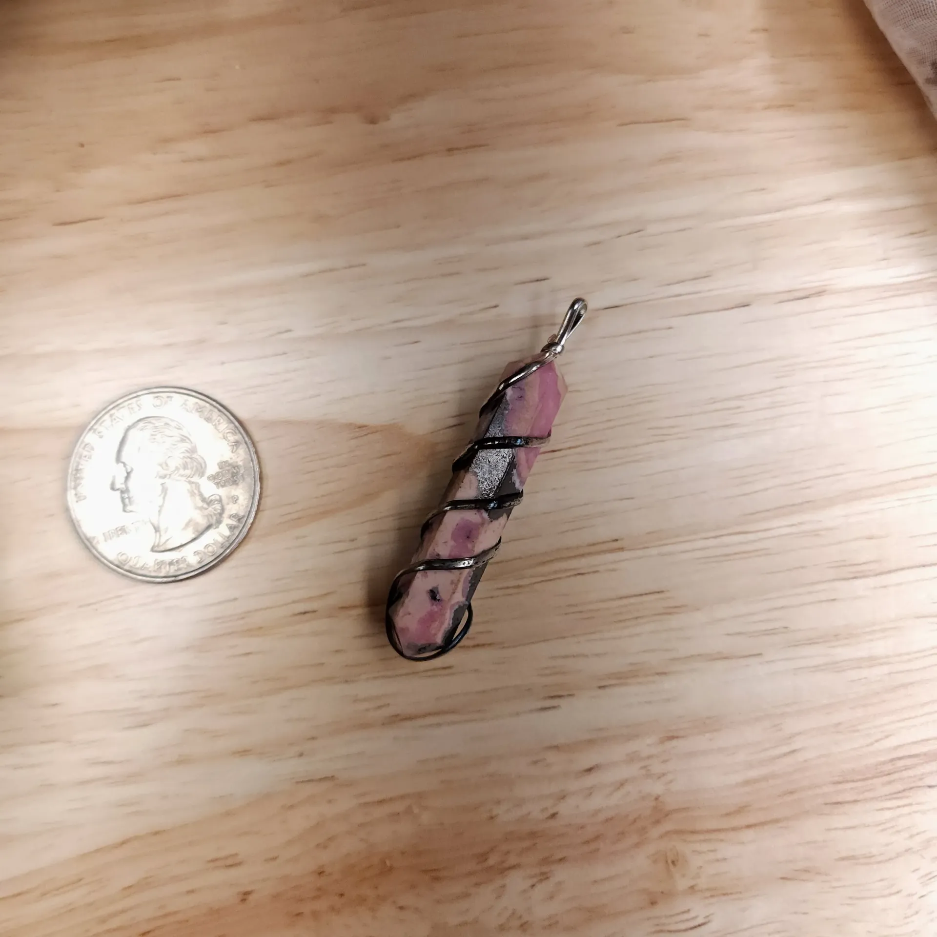 [102930] Rhodonite Double-Point Pendant, Wire-Wrapped