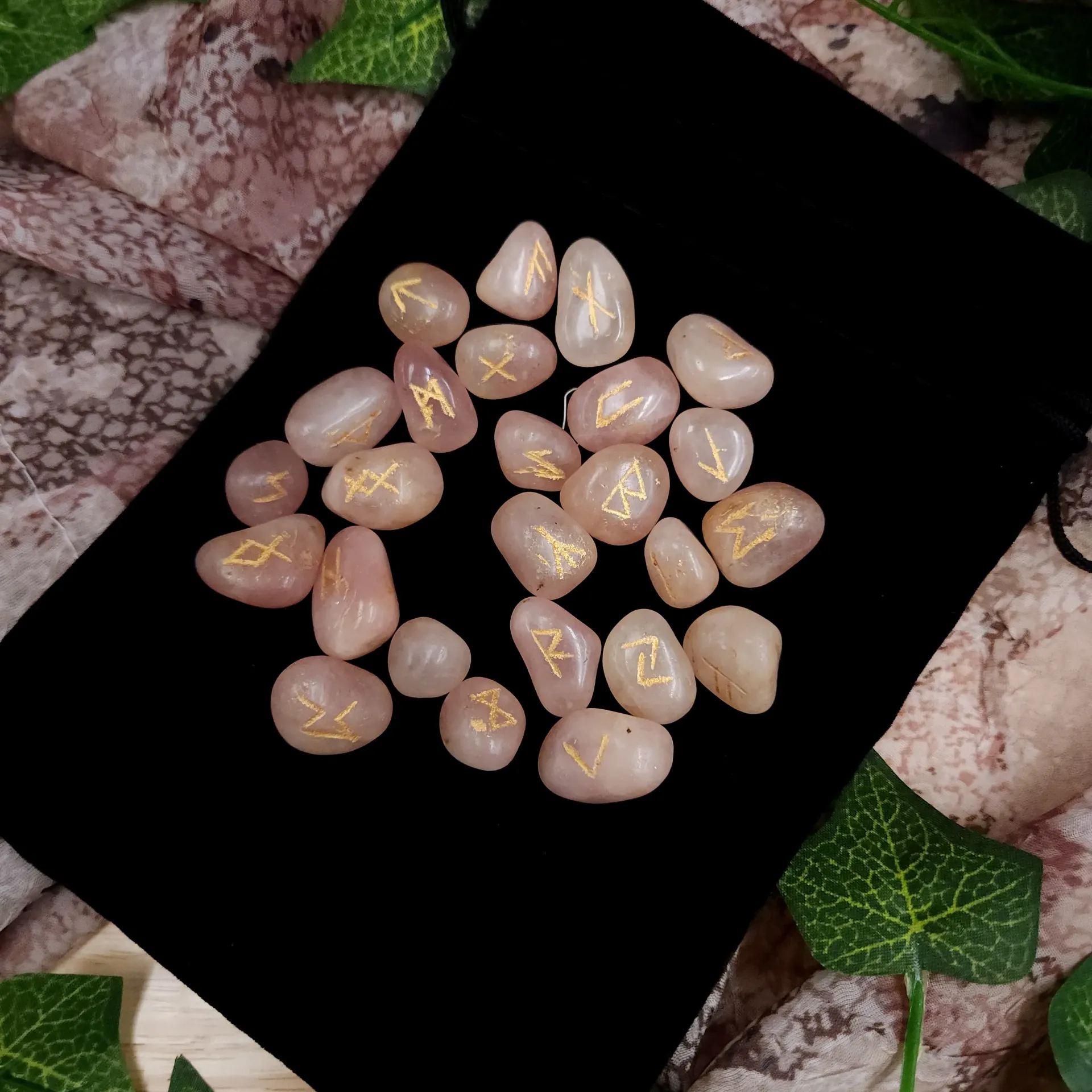 [10356] Rose Quartz Elder Futhark Rune Set – 25pc w/ Felt Pouch