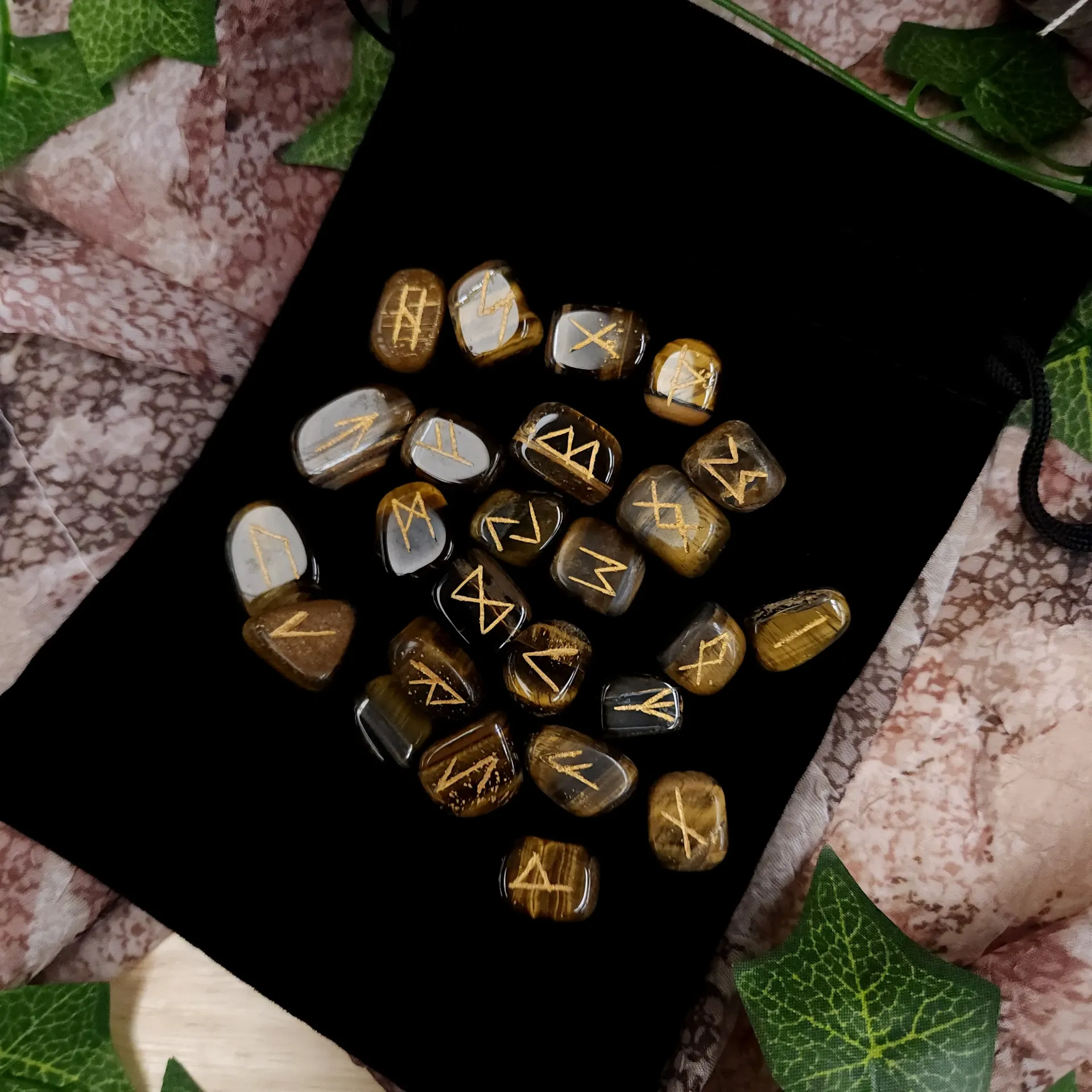 Tiger's Eye Elder Futhark Rune Set – 25 pc, Carved & Gold-Filled, w/ Felt Pouch