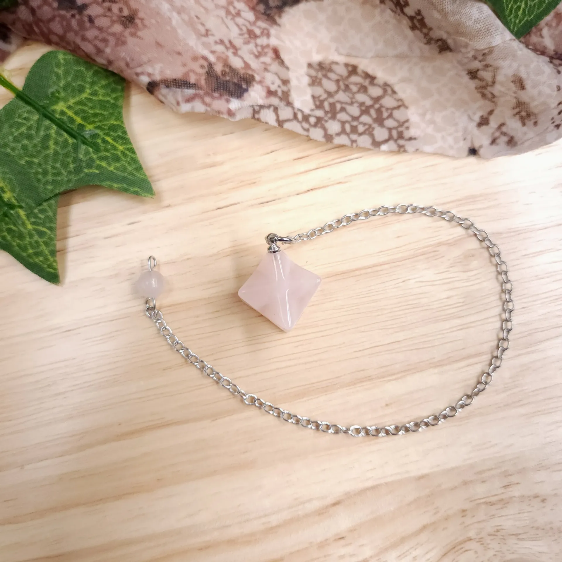 [103660] Rose Quartz Merkaba Pendulum – Star Tetrahedron, Matching Stone Grip