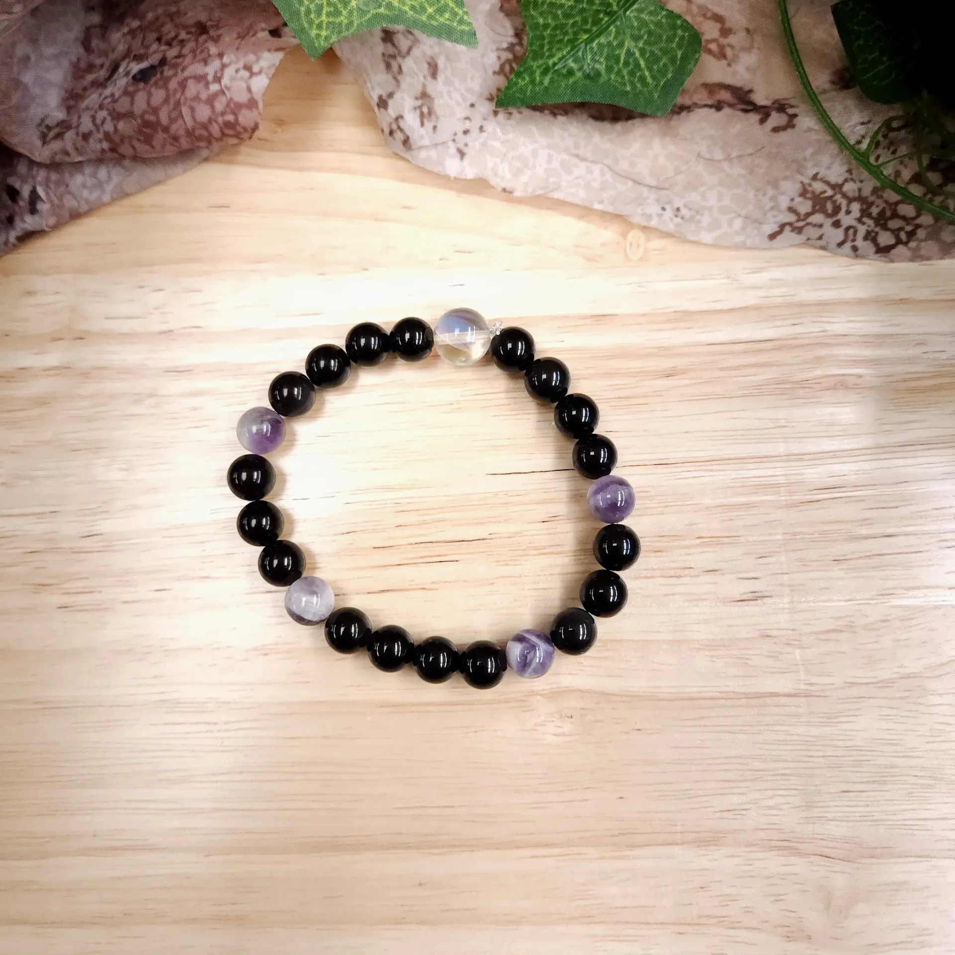 [10371] Black Obsidian & Chevron Amethyst Stretch Bracelet – One of a Kind