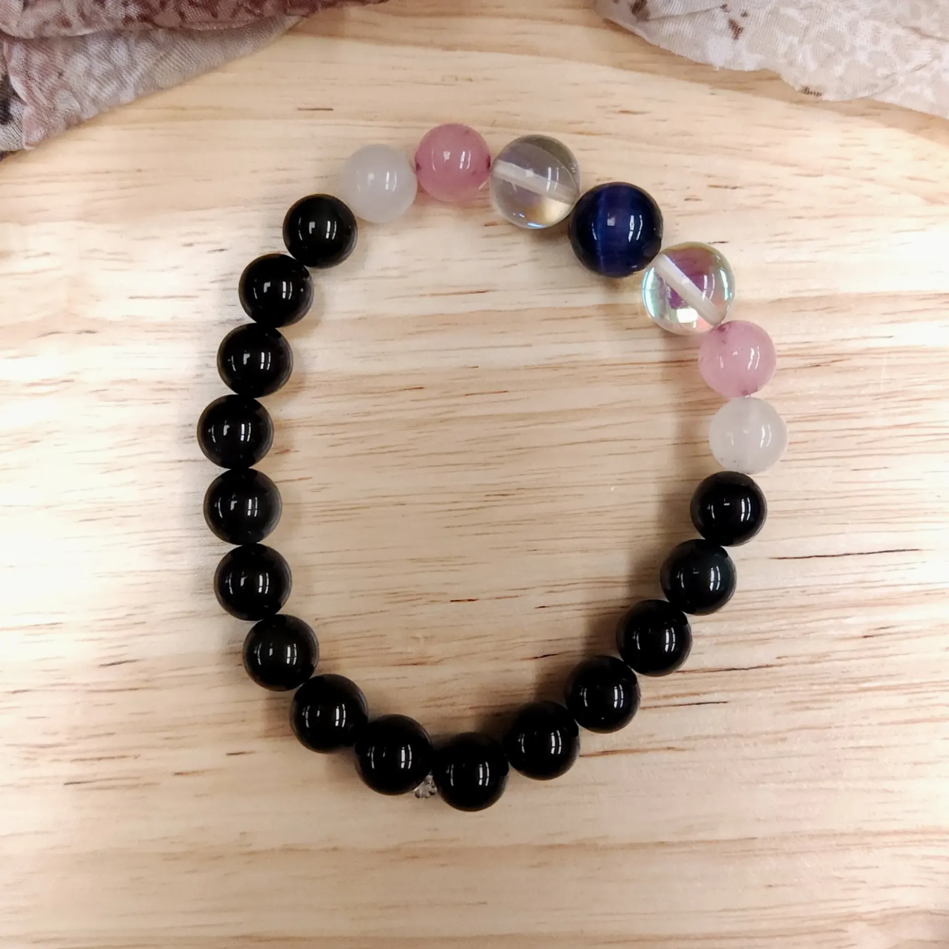 [10377] Black Obsidian & Pink Aventurine Bracelet