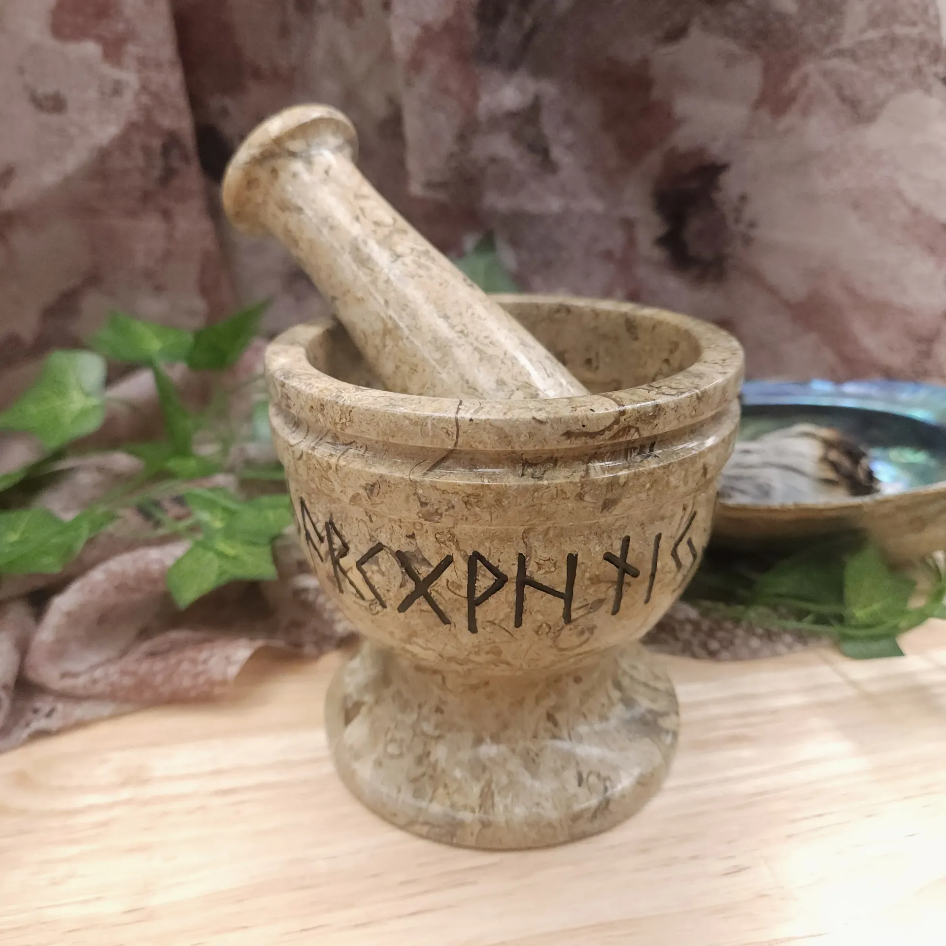 Fossil Stone Rune Mortar and Pestle