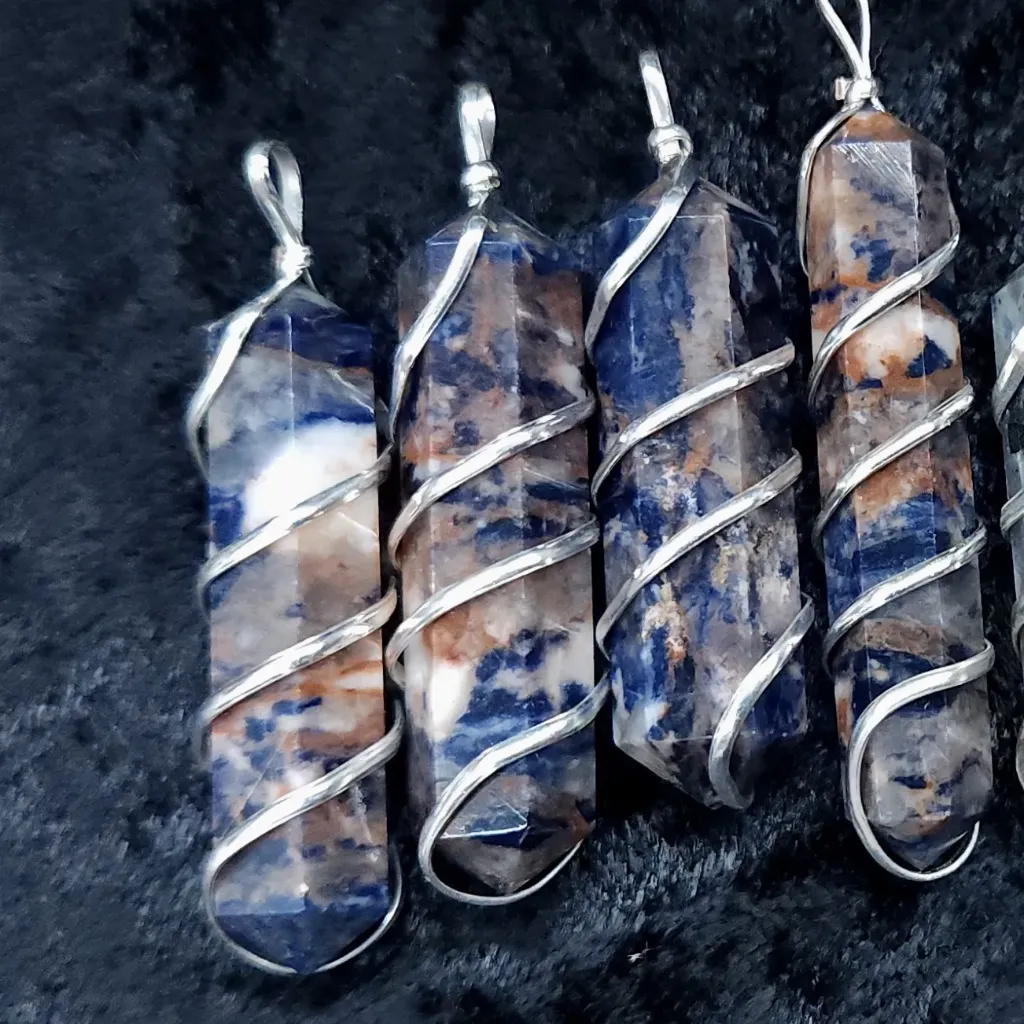 Sunset Sodalite Double-Point Pendant, Wire-Wrapped