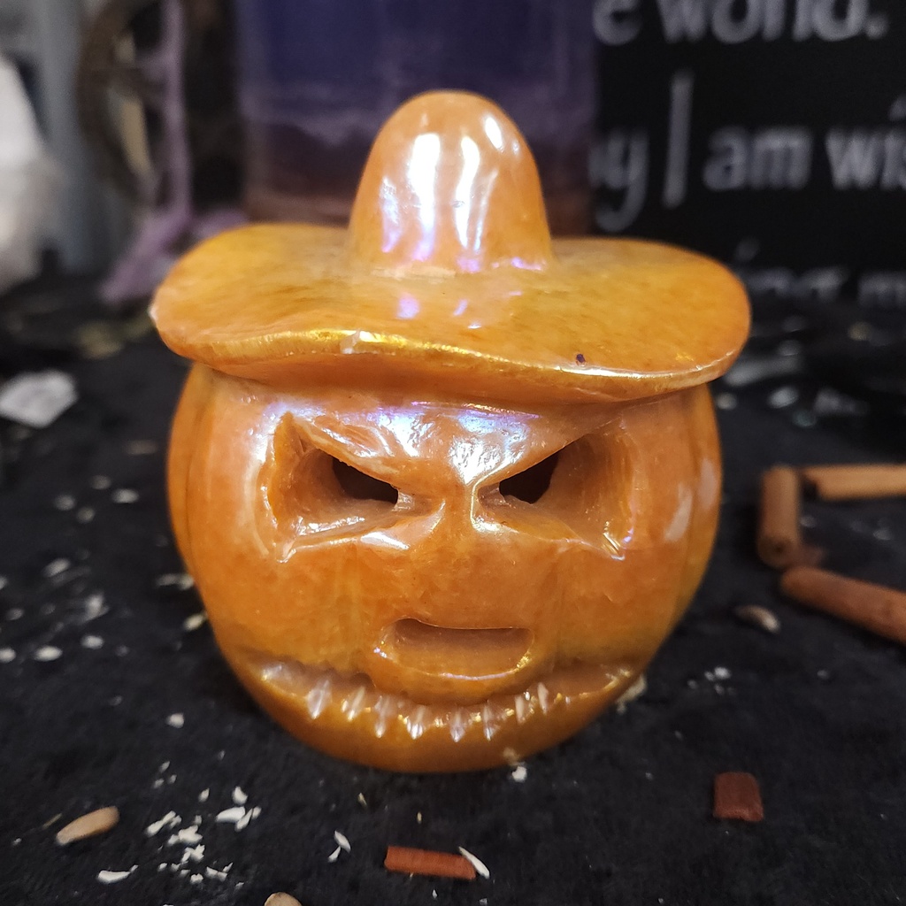 Aura-Coated Orange Calcite Jack-o'-Lantern Carving — 3.1" Tall
