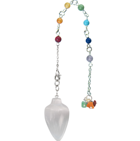 [11038] Selenite Teardrop Pendulum w/ Chakra Beads