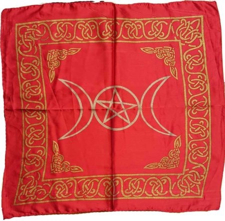 [1611062113] Triple Moon Pentacle Altar Cloth 21"x21" Red Satin