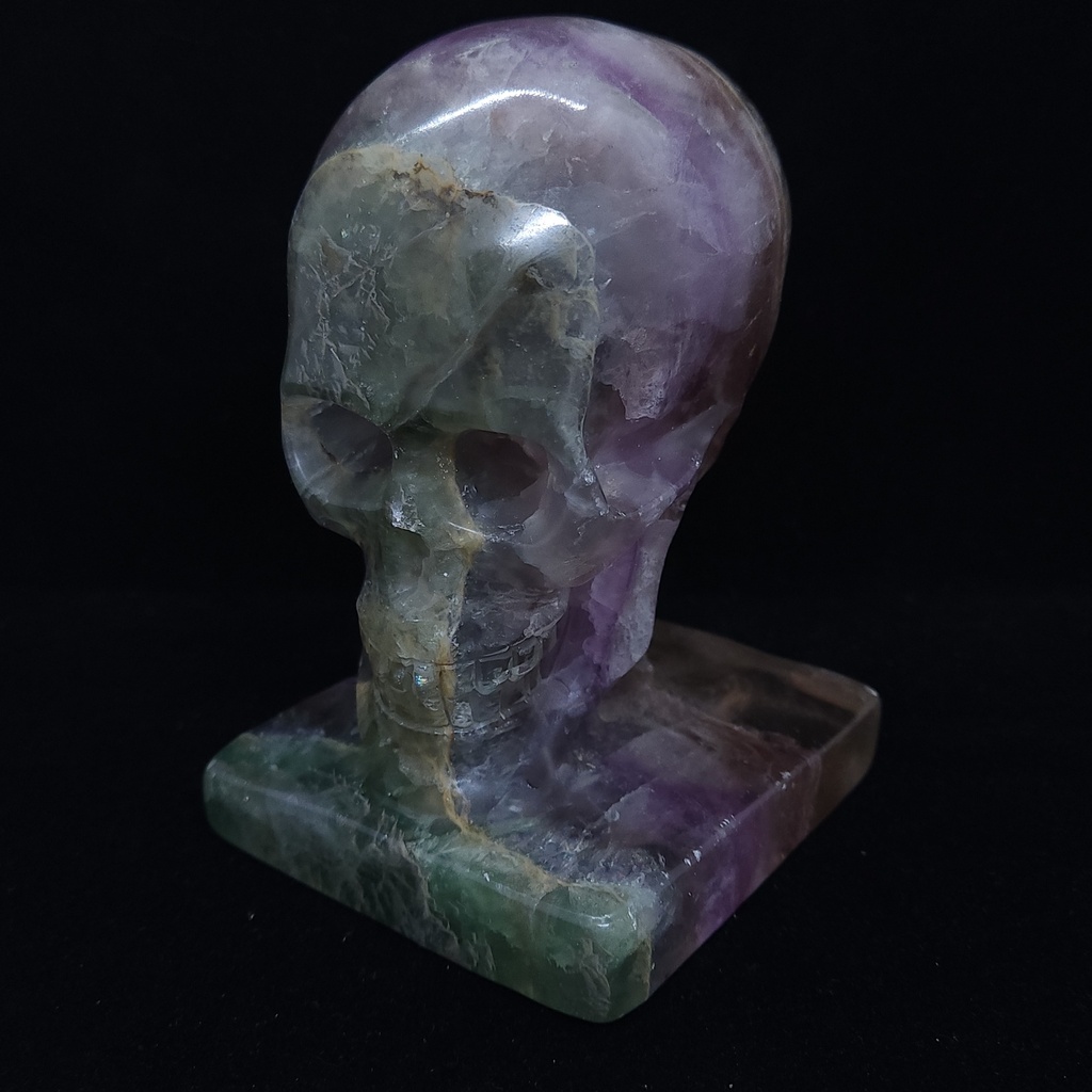 [10957] Rainbow Fluorite Skull on base