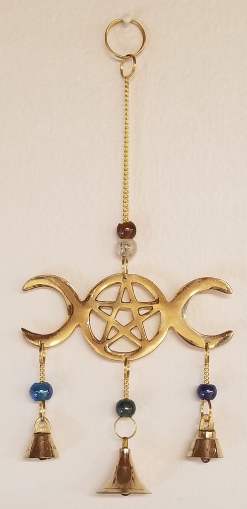 [6075] Triple Moon Pentacle Brass Bell Wind Chime 9"