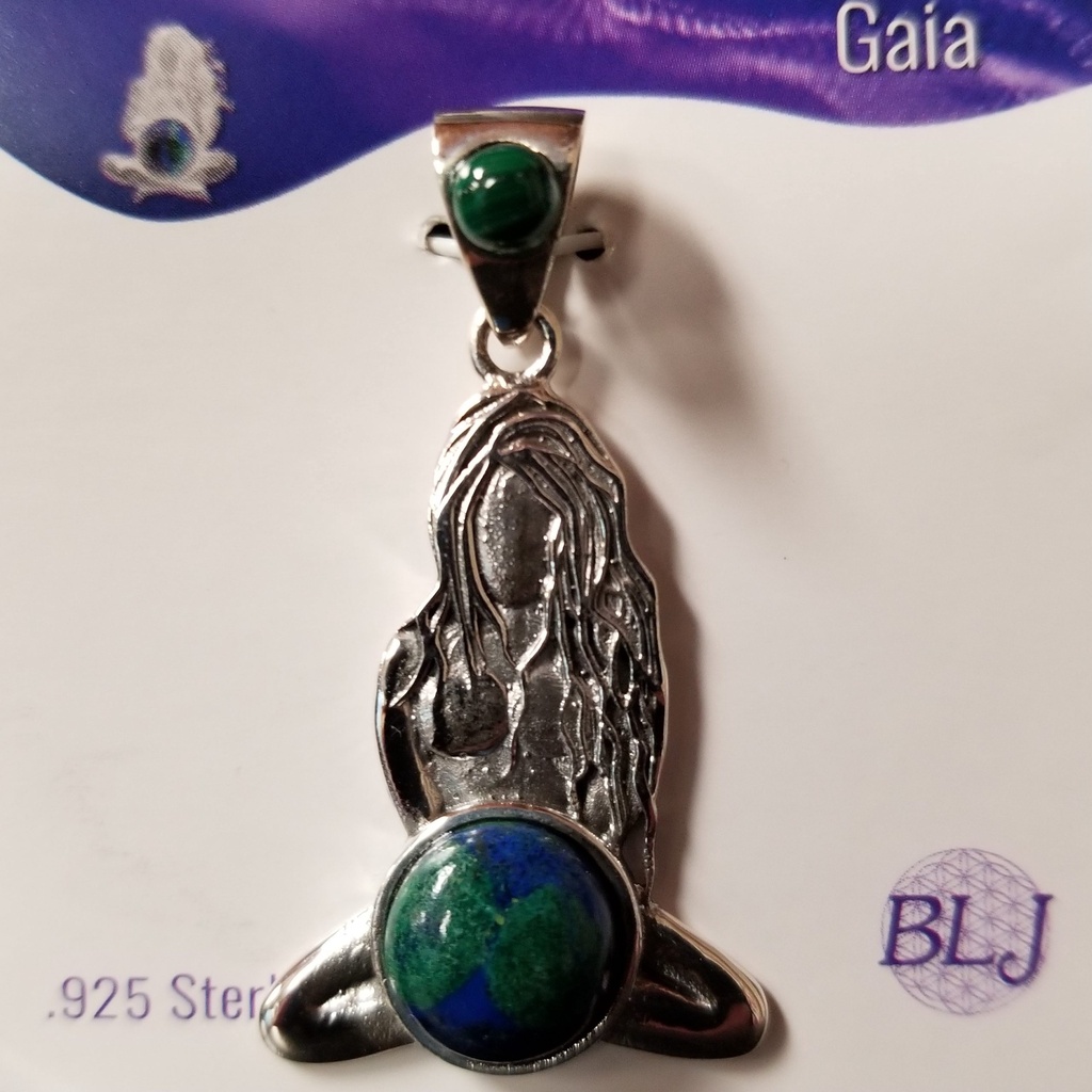 [1215040215195] Meditating Gaia Pendant w/ Azurite Malachite