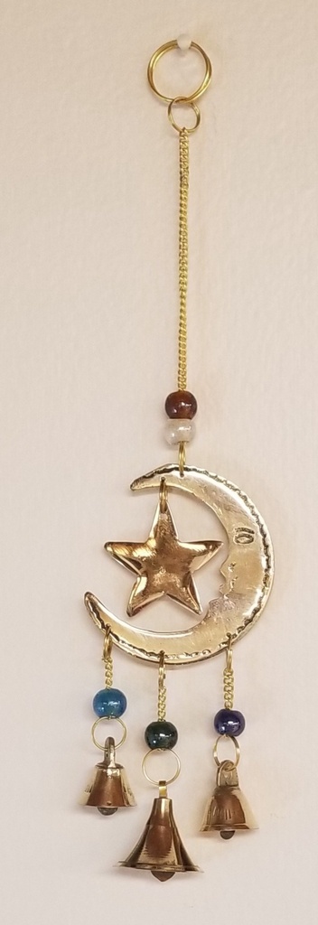 [6983] Crescent Moon & Star Brass Bell Wind Chime 9"