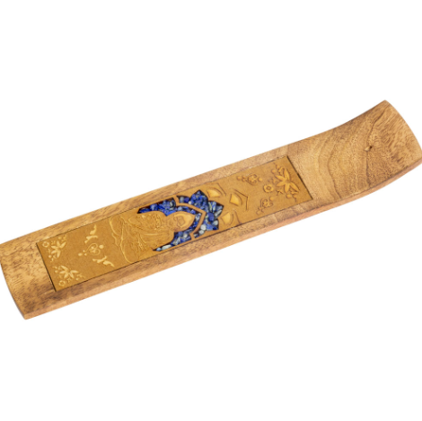 [11040] Buddha Wooden Incense Holder w/ Sodalite Inlay