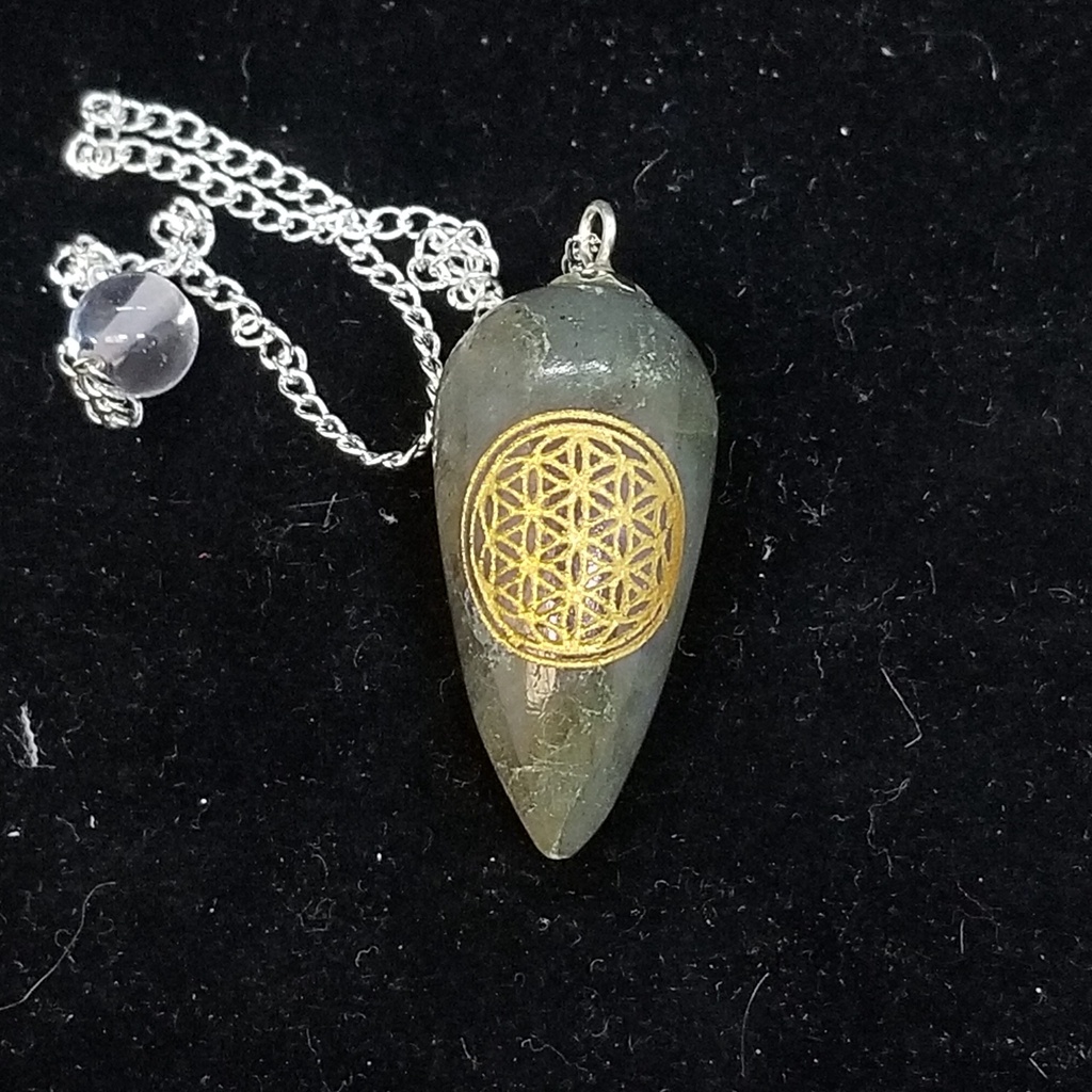 [1235180507101] Labradorite Moonstone Flower of Life Pendulum