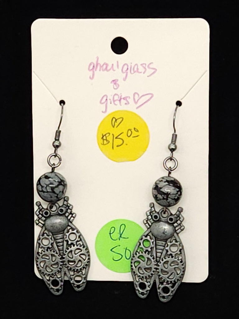 [5015051450] Snowflake Obsidian Cicada Earrings (ER50)