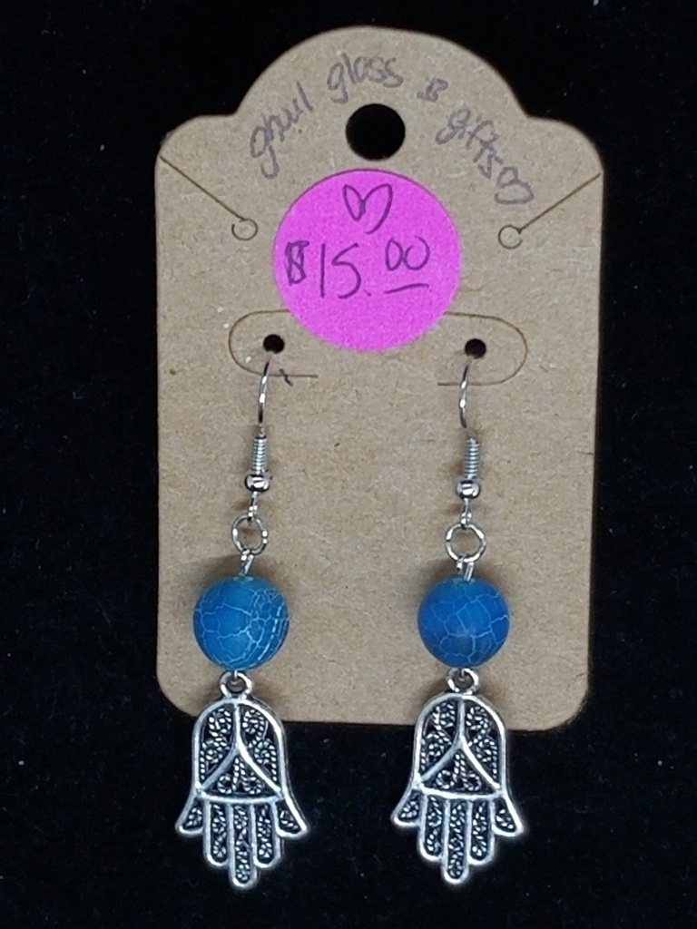 [5015050105129] Blue Crackle Hamsa Earrings