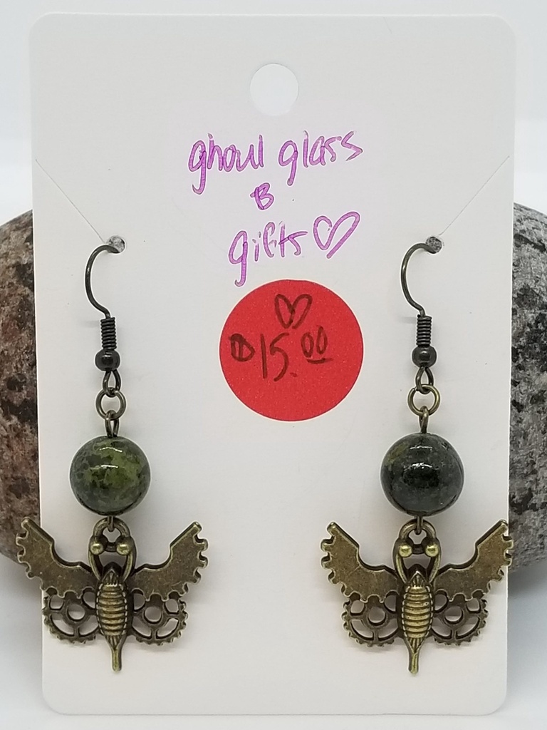 [50150518114] Mossy Bronze Steampunk Moth Earrings